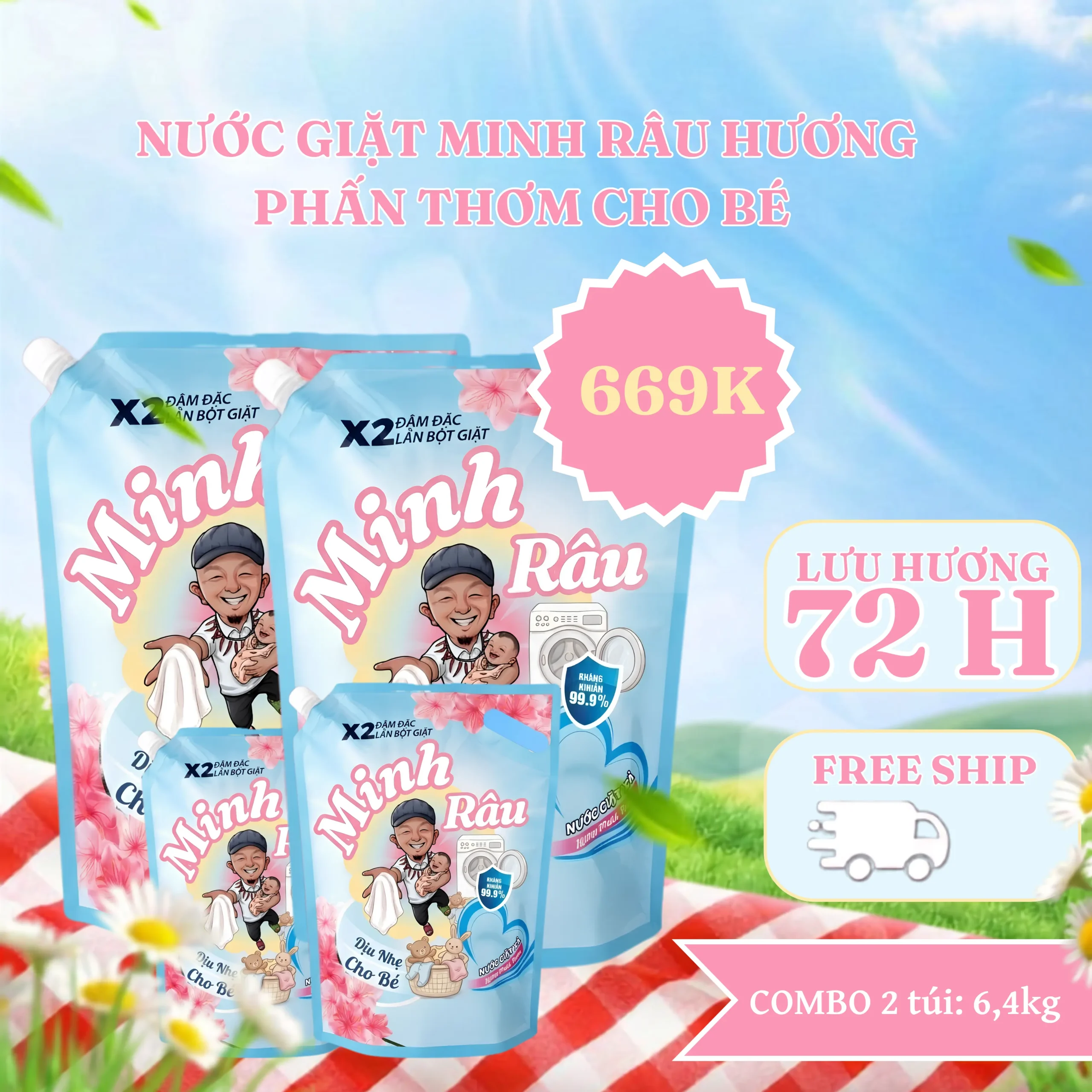 Combo 4 Túi Nước Giặt Minh Râu Hương Phấn Thơm - Tiết Kiệm Cho Gia Đình - Nước Giặt xả 2 trong 1
