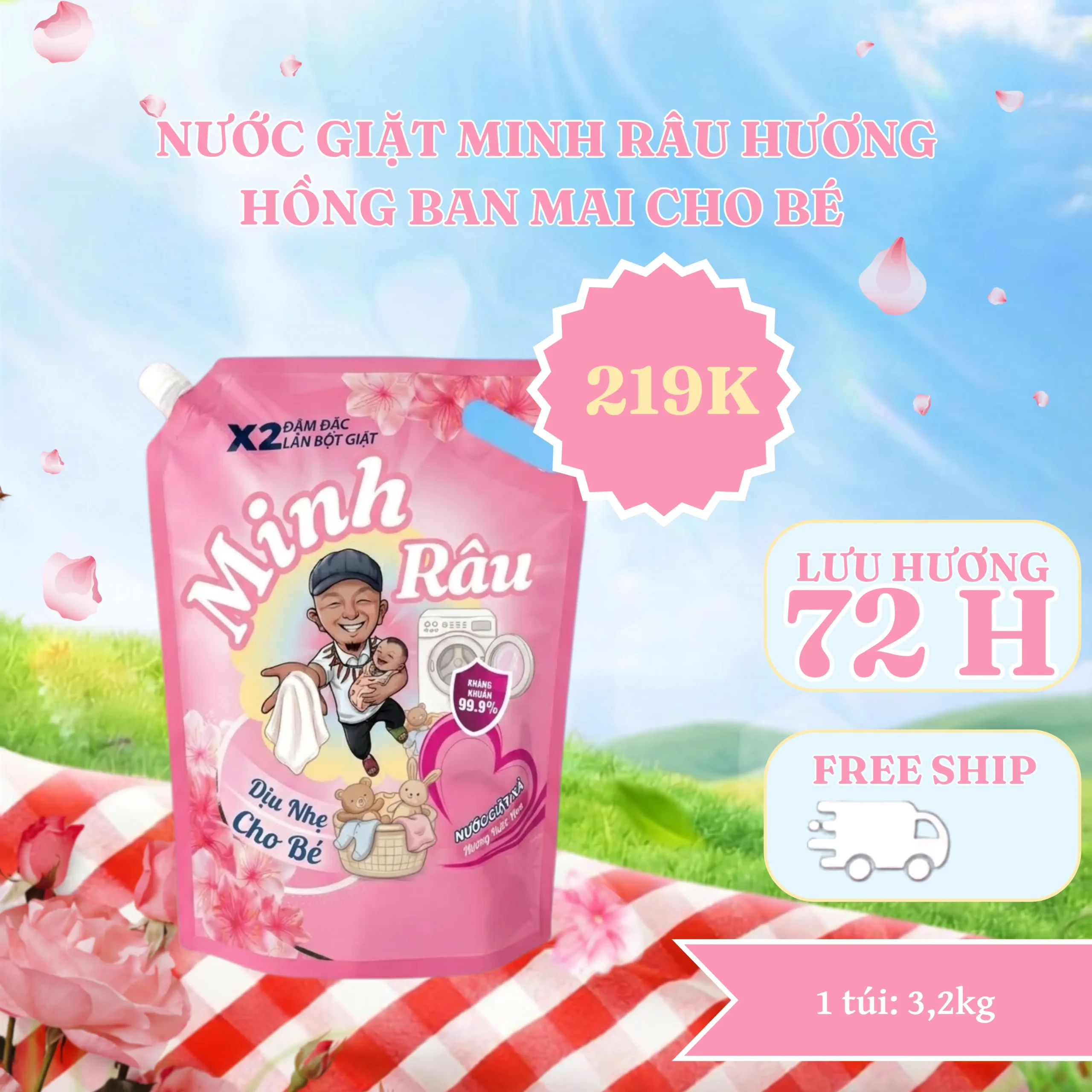 Nước Giặt Minh Râu Hương Hồng Ban Mai - Giặt Xả 2 Trong 1 - 1 Túi 3,2Kg