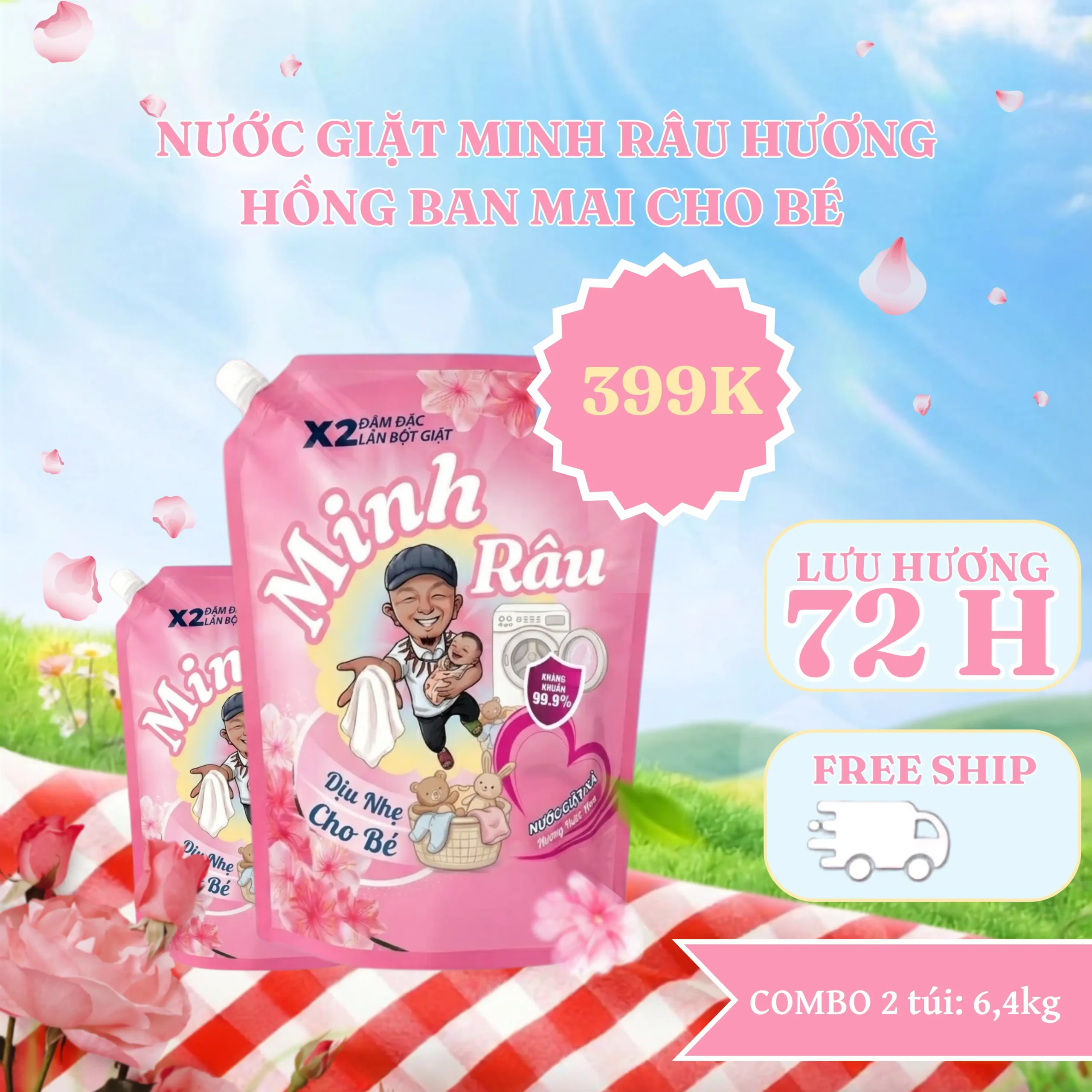 Combo 2 Túi Nước Giặt Xả Minh Râu Hương Hồng Ban Mai - 3,2Kg/Túi