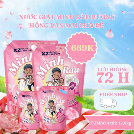 Combo 4 Túi Nước Giặt Xả Minh Râu Hương Hồng Ban Mai - 3,2Kg/Túi