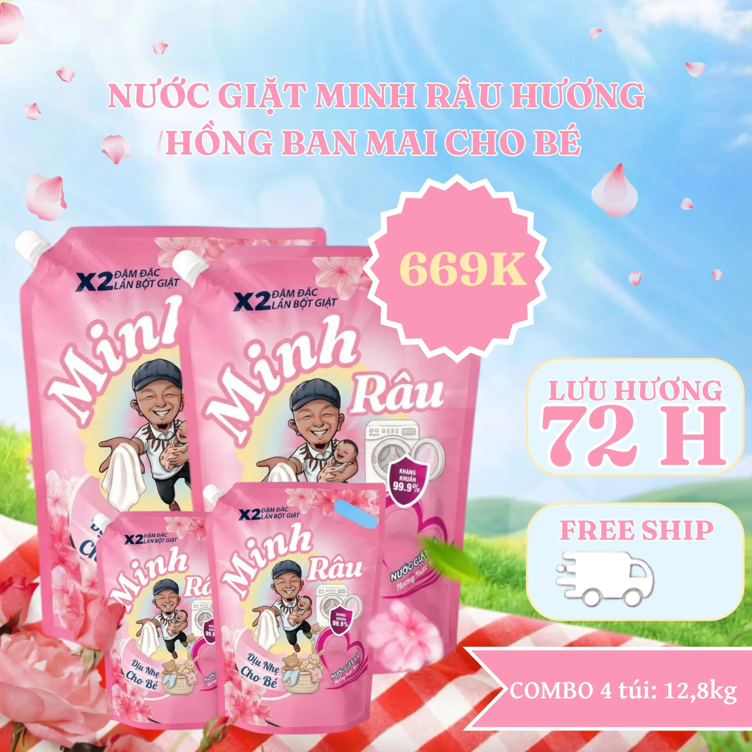 Combo 4 Túi Nước Giặt Xả Minh Râu Hương Hồng Ban Mai - 3,2Kg/Túi