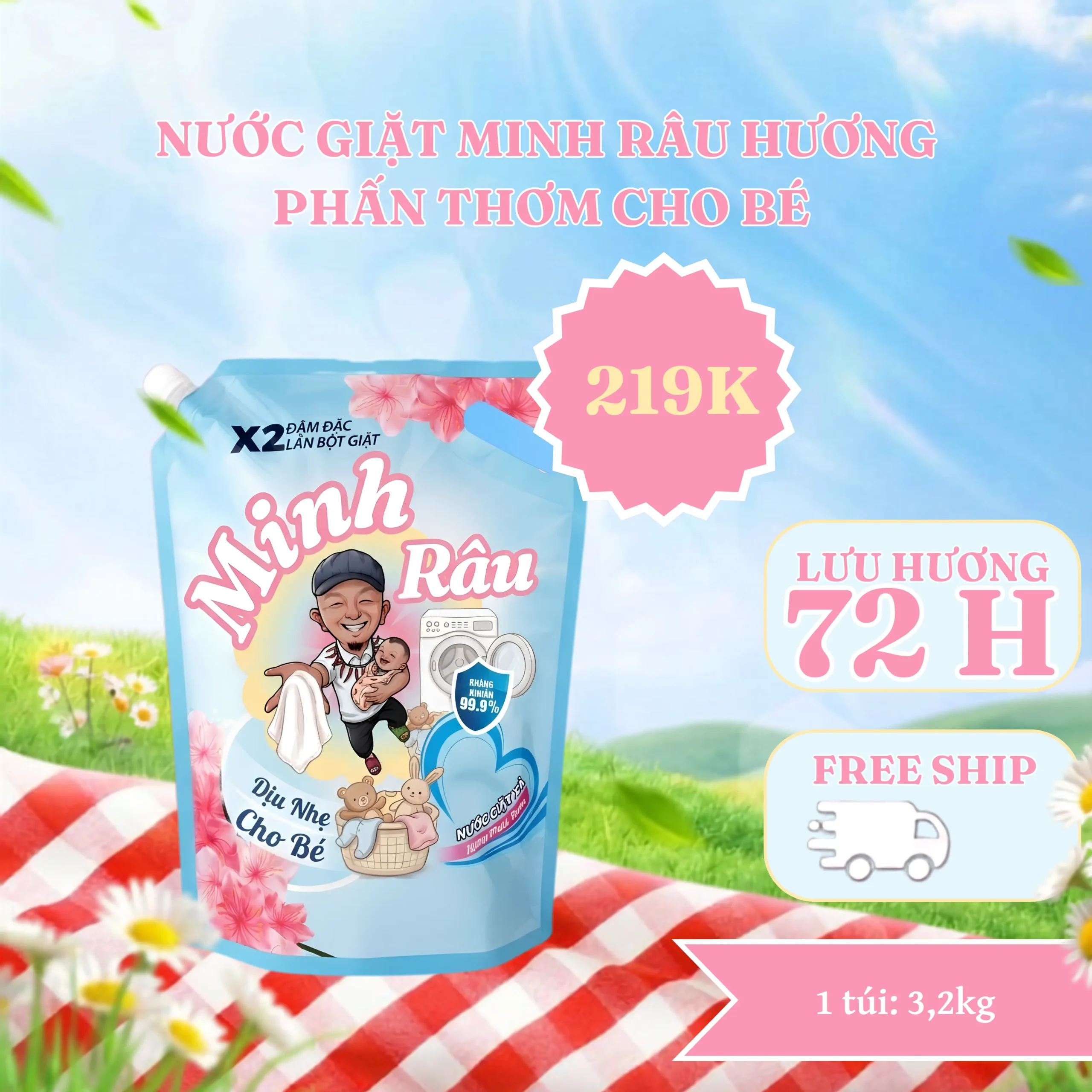 Nước Giặt Minh Râu Hương Phấn Thơm - Giặt Xả 2 Trong 1 - 1 Túi 3,2Kg